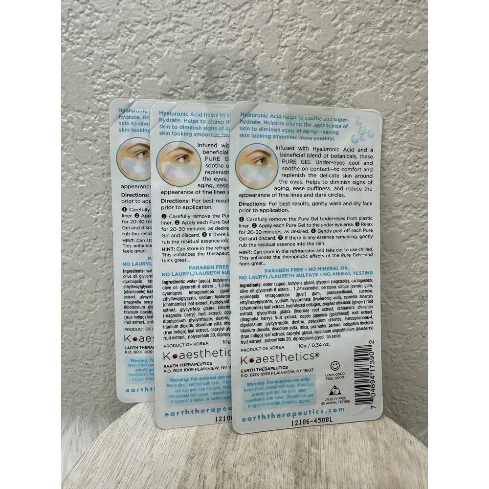 $11 🌙 Earth Therapeutics Pure Gel Undereye Hyaluronic Acid, 3‎ PAIR NEW